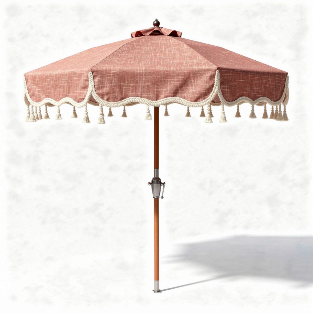 Parasoll met houten stok en franjes in terracotta kleur 200 x 200 x 250cm