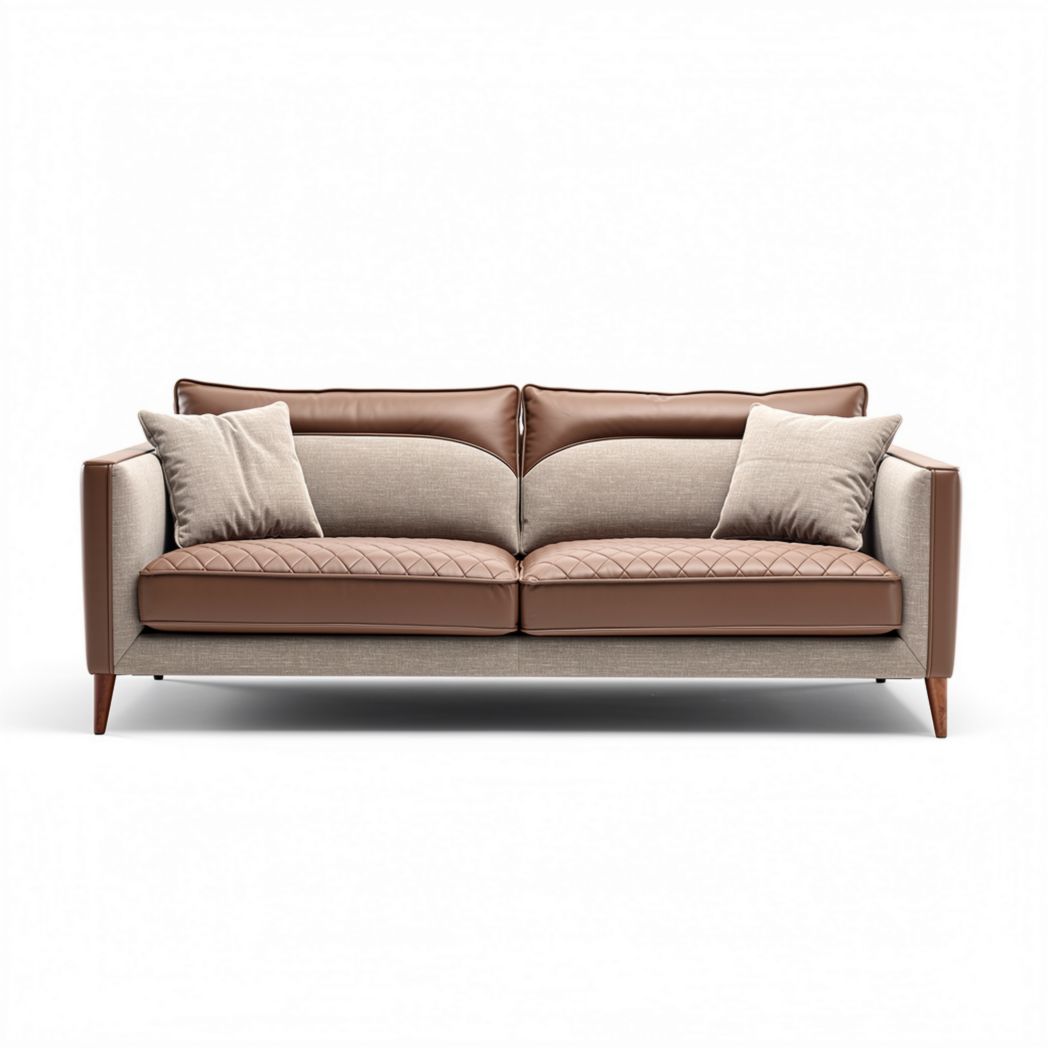Lederen bank met stoffen kussens 200 x 85 x 85cm bruin en beige