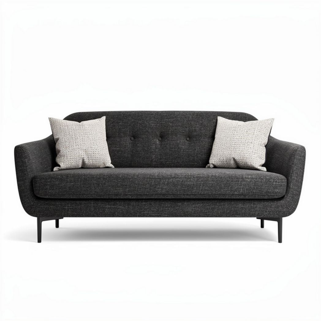 Donkergrijze bank met kussens en afmetingen van 190 x 90 x 85cm