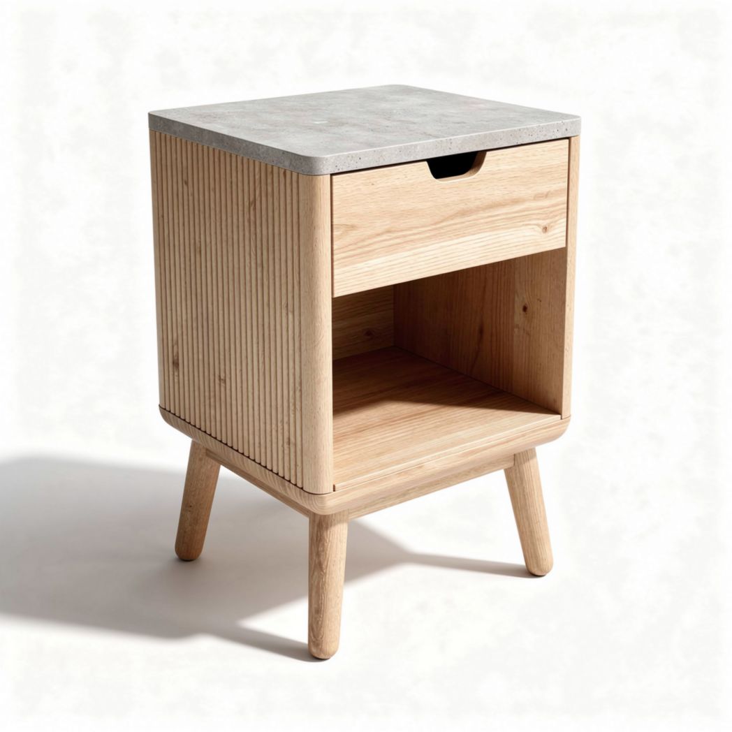 Houten nachtkastje met lade en betonnen blad 40 x 40 x 60cm