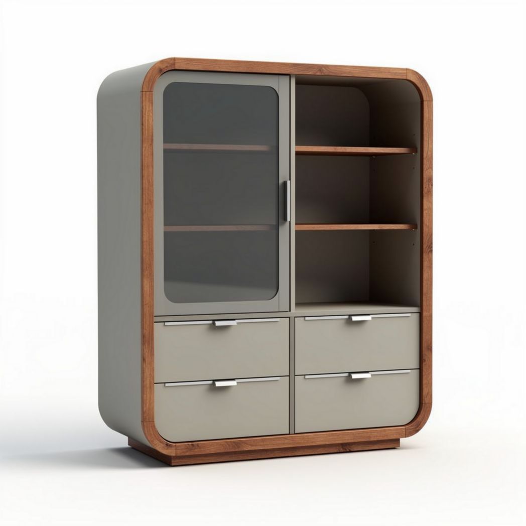 Kast met glazen deur en houten afwerking in beige 80 x 40 x 120cm