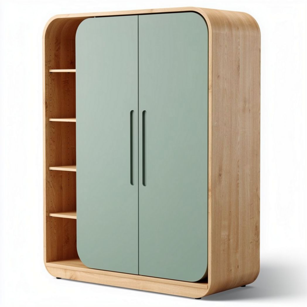 Kast van bamboe met groene deuren en open planken 80 x 40 x 130 cm