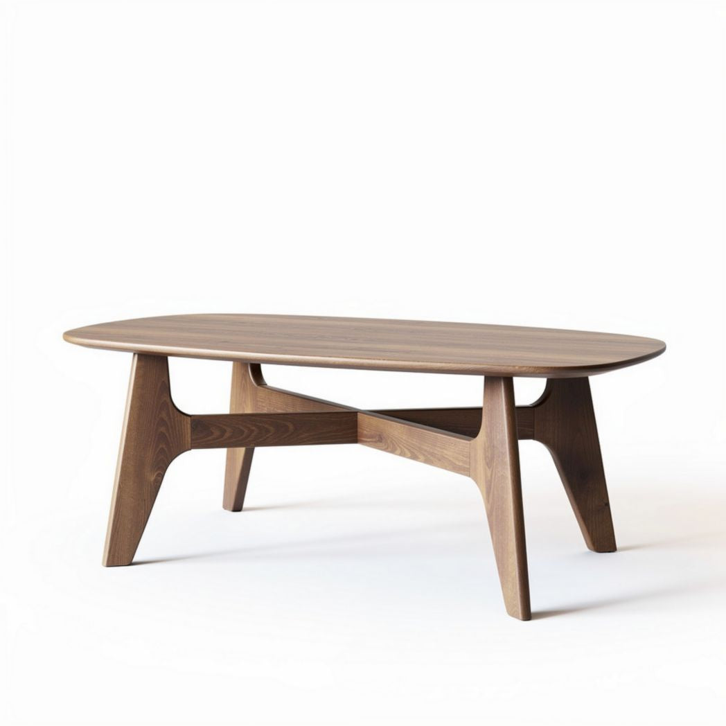 Lichtbruin houten salontafel met ovale bovenkant en afmetingen 120 x 80 x 45cm